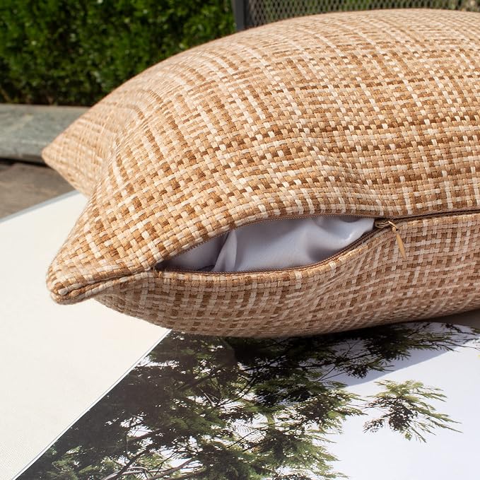 Kevin Textile Outdoor Waterproof Throw Pillow Covers 12x24 Inch Pack of 2 Woven Faux Linen Farmhouse Decorative Water Resistant Lumbar Cushion Covers for Tent Patio Garden Couch Sofa Beige