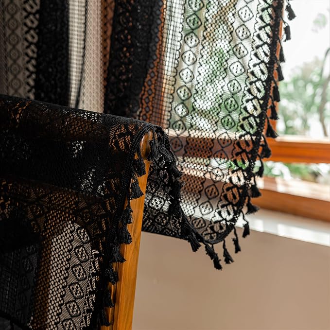 Sutuo Home Black Boho Lace Curtains 96 inches long for Living Room Dining Room, Semi Sheer Curtains Farmhouse Privacy Crochet Vintage Chic Tassels Bohemian Style Rod Pocket Retro Decor, 2 Panels 50" W