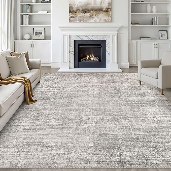 7x10 Area Rug Living Room: Washable Large Neutral Rug Abstract Soft Modern Stain Resistant Indoor Floor Non-Slip Carpet for Bedroom Nursery Kids Office Playroom Dining Room Under Table- Brown Gray