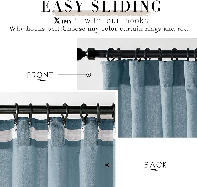 XTMYI Stone Blue Curtains 90 Inches Long for Living Room,Light Filtering Country Vintage Hooks Pleated Back Tab Semi Sheer Linen Curtains for Bedroom 2 Panels Set,Dusty Blue