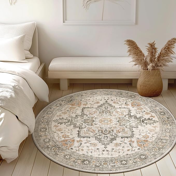 GENIMO 3FT Round Area Rugs for Living Room, Circle Rugs Machine Washable Low Pile, Non Slip Vintage Rug for Bedroom, Dining Room, Home Office, Light Taupe Brown