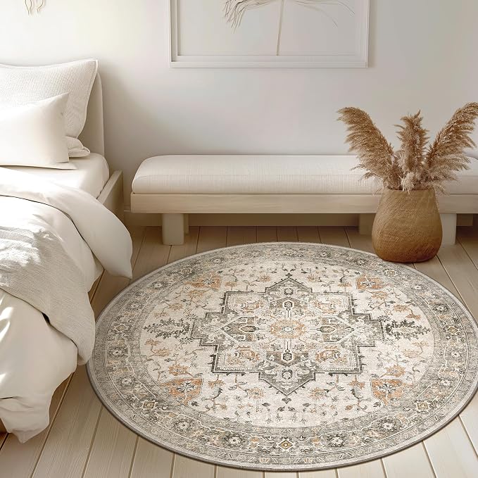 GENIMO 5FT Round Area Rugs for Living Room, Circle Rugs Machine Washable Low Pile, Non Slip Vintage Rug for Bedroom, Dining Room, Home Office, Light Taupe Brown