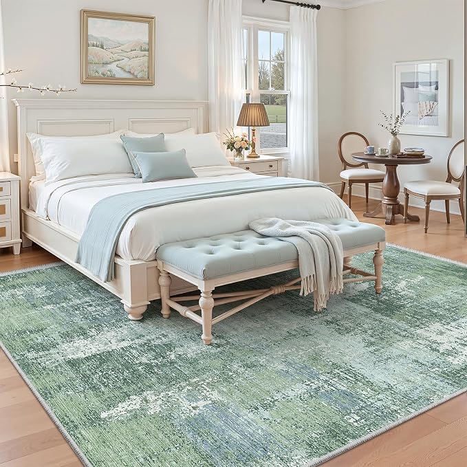 Valenrug Washable Rugs 5x7 - Stain Resistant 5x7 Area Rugs for Living Room, Non Slip Backing Abstract Rugs for Bedroom, Folable Machine Washable Area Rug(5'x7', Sage Green)