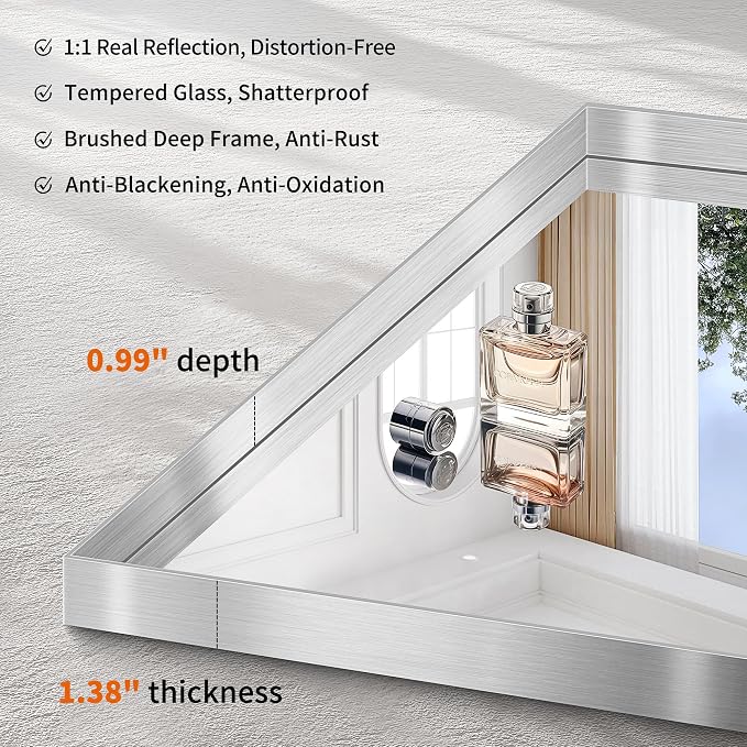 CIRCUMI Silver Bathroom Mirror, 40"x60" Rectangular Mirror with Deep Metal Frame, Brushed Finish, Tempered Glass, Large Mirror for Wall, Over 2 Sinks, Installed Vertically/Horizontally, Crystal-Clear