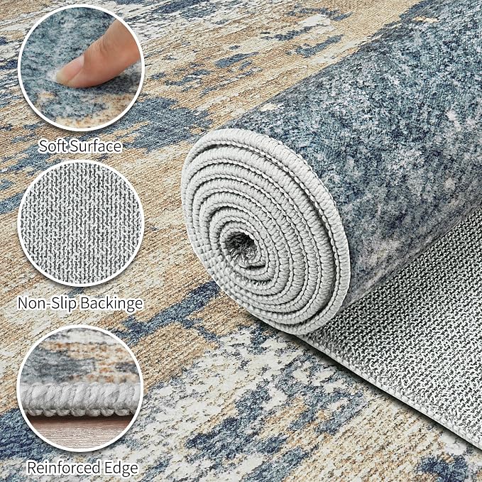 Area Rugs 9x12 Living Room: Large Soft Washable Rug Modern Abstract Anti-Skid Non-Shedding Carpet Indoor Floor Thin Carpets for Bedroom Dining Room Farmhouse Nursery Home Office Brown Blue