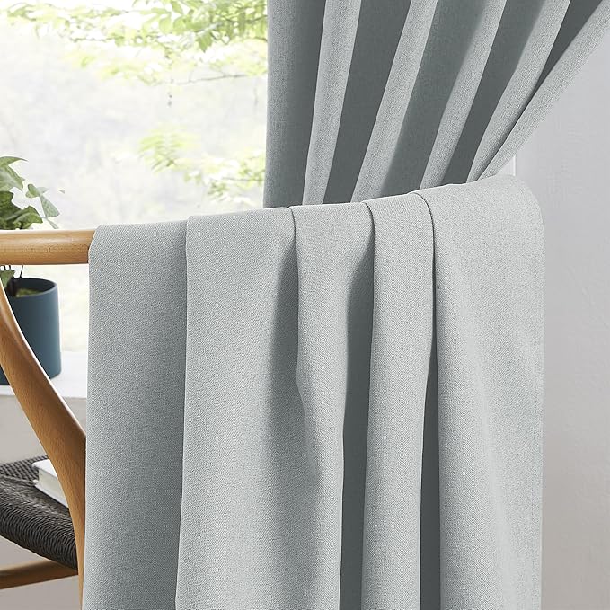 KEQIAOSUOCAI Short Full Blackout Linen Curtains Natural Back Tab Rod Pocket Narrow Curtain Panels for Small Window Cafe Kitchen Curtains 45 Inch Length, 2 Panels,Light Grey, W34 x L45