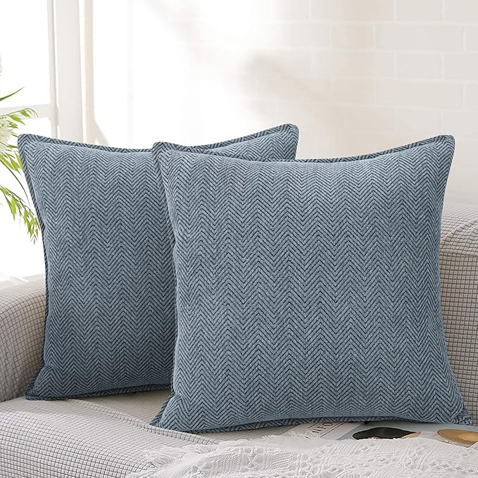 Pillow Covers 20x20 Set of 2 Dusty Blue Modern Mid Century ZigZag Textured Pillowcase Chevron Weave Pattern Velvet Soft Chenille Luxirious Herringbone Cushion Cover For Living Room Couch Sofa Bed