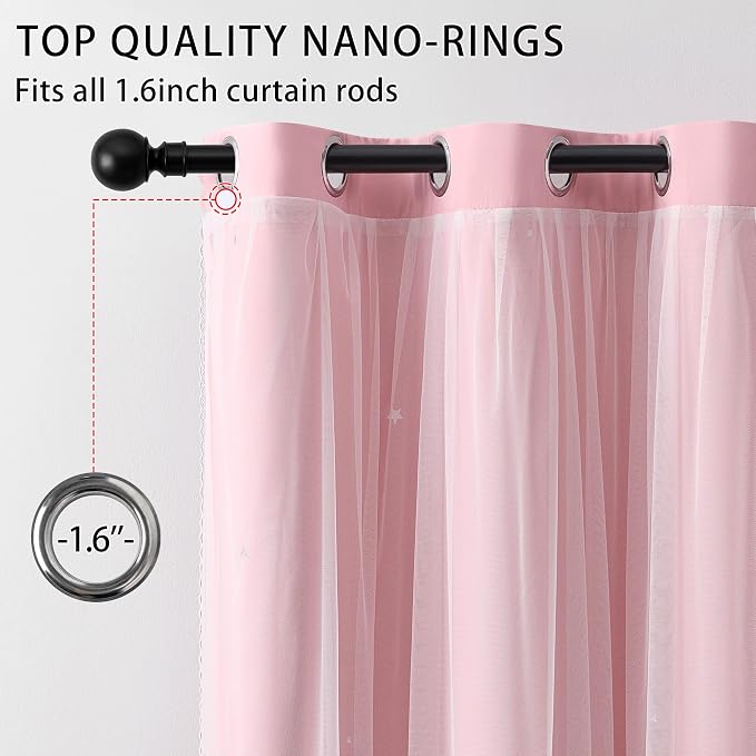 XiDi Light Pink Blackout Curtains for Girls Bedroom 90 Inches Long 2 Panels, Thermal Insulated Room Darkening Drapes for Nursery Living Room Grommet Top Noise Reducing Hollow Star Curtains W34 x L90