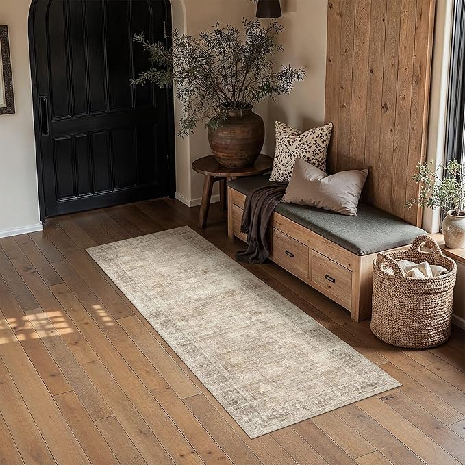 HUGEAR Retro 2x6 Washable Runner Rugs Beige Hallway Bedroom Kitchen Throw Carpet Vintage Distressed Neutral Stain Resistant Non Slip & Shedding Low Pile for Home Aesthetic Decor