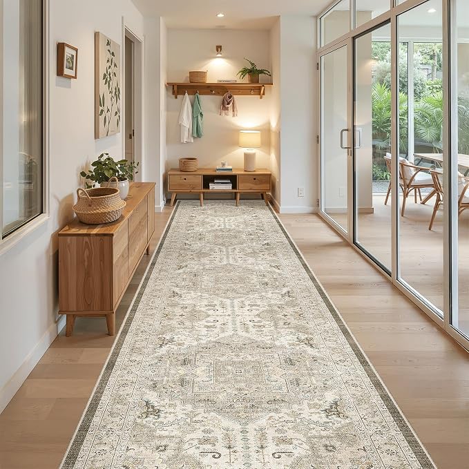 Madane Hallway Runner Rug 3x16 Washable Kitchen Runners Long, Ivory/Brown | Vintage Non-Slip Wide Area Rugs 16ft for Entryway, Low-Pile Farmhouse Indoor Floor Carpet for Living Room Bedroom