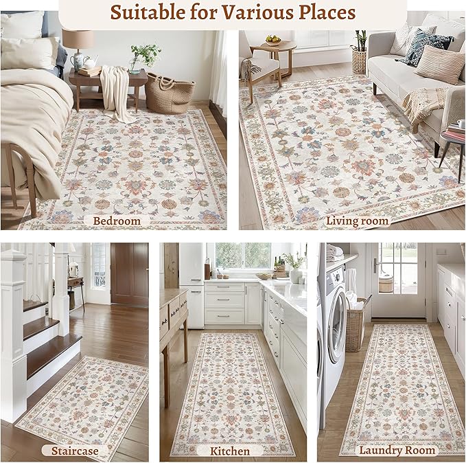 Tangsoo 2x3 Small Throw Rugs for Entryway Washable Entry Rug Non Slip, Vintage Floral Indoor Rugs Distressed White Small Carpet Soft Low Pile Boho Door Mat for Entrance Bedroom Kitchen Foyer Decor