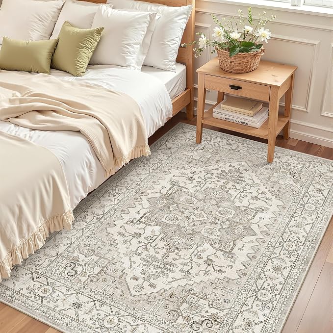Madane Area Rug 4x6 Washable Rugs Vintage for Living Room, Beige/Brown | Ultra-Thin Stain Resistant Vintage Large 4'X6' Carpet, Soft Low Pile Floor Mat For Bedroom Dining Room Office Home Decor