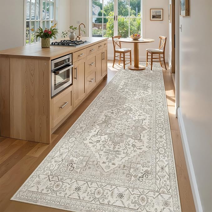 Madane Hallway Runner Rug 3x10 Washable Kitchen Runners 10ft, Beige/Brown | Vintage Non-Slip Entryway Area Rugs Indoor, Soft Low-Pile Farmhouse Wide Floor Carpet for Bathroom Living Room Bedroom Foyer