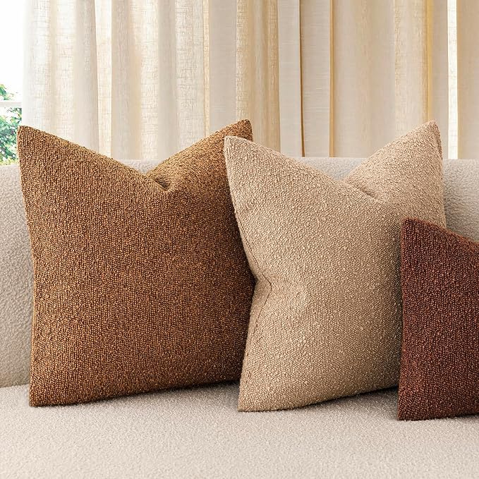Foindtower Pack of 2 Textured Boucle Throw Pillow Covers Accent Solid Pillow Cases Cozy Soft Decorative Couch Cushion Case for Chair Sofa Bedroom Living Room Home Decor 18x18 Inch Hazel Brown