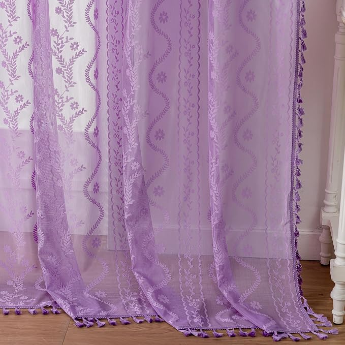WAZZIO Boho Lace Curtains 84 Inch 2 Panels -Sheer Panel Drape Floral Pattern & Tassel Light Filtering Privacy for Bedroom Dining Living Room,Lilac Girl Women House Decor,Lavender Purple,W52 x 84L