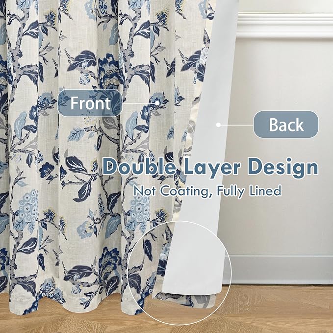 DriftAway Ada Floral Botanical Print Flower Leaf Lined Thermal Insulated Room Darkening Linen Blend 100% Blackout Back Tab Window Curtains 2 Layers Set of 2 Panels Each 52 Inch by 63 Inch Navy