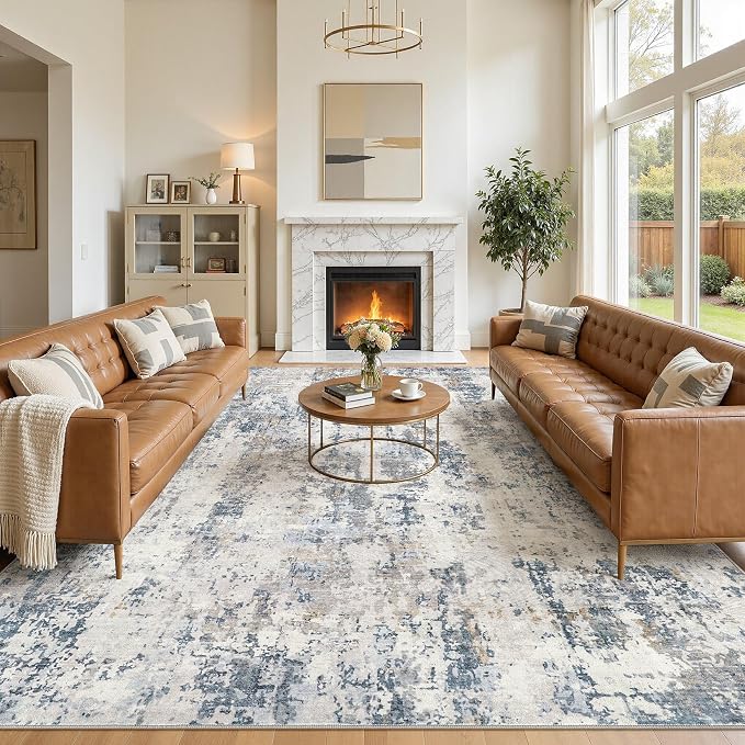 10x14 Area Rug Living Room Rugs: Washable Large Soft Abstract Modern Neutral Rug Stain Resistant & Non-Slip Low-Pile Carpet for Bedroom Dining Nursery Home Office Room Decor - Grey Blue