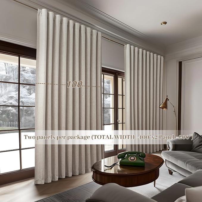 Curtains 100 Inch Length Wide Pleated Blackout Curtain for Sliding Glass Door,Farmhouse Natural Linen Thick Thermal for Summer Heat/Sound Noise Reducing Heavy Large Window Drapes (100"Wx102"Lx2Panels)