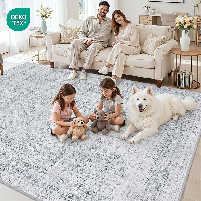 10x12 Area Rug for Living Room: Vintage Boho Neutral Washable Rug Indoor Soft Large Area Rug Carpet for Bedroom Nursery Farmhouse Dining Room Office Floor Non-Slip Low Pile Under Table Rug Gray