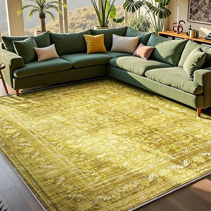 OPPODREAM Vintage Yellow Area Rugs 8x10, 8 x 10 Retro Washable Rug Non Slip, Low-Pile Faux Wool Carpet, Distressed Floor Mat for Living Room, Bedroom, Office, Dorm, Dinning Room, Big & Large