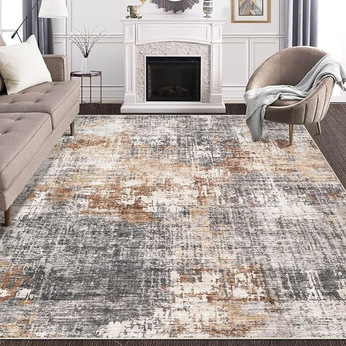 DMOYEST Area Rug Living Room Rugs - 5x8 Washable Large Soft Indoor Neutral Modern Abstract Low Pile Rug Carpet for Bedroom Dining Room Farmhouse Home Office - Grey Brown