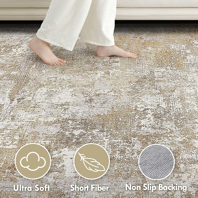 Washable 12x15 Area Rug for Living Room: Modern Abstract Neutral Large Soft Thin Rugs - Non Slip Indoor Carpet for Bedroom Dining Room Office Nursery Home Decor Floor Decoration - Brown Grey