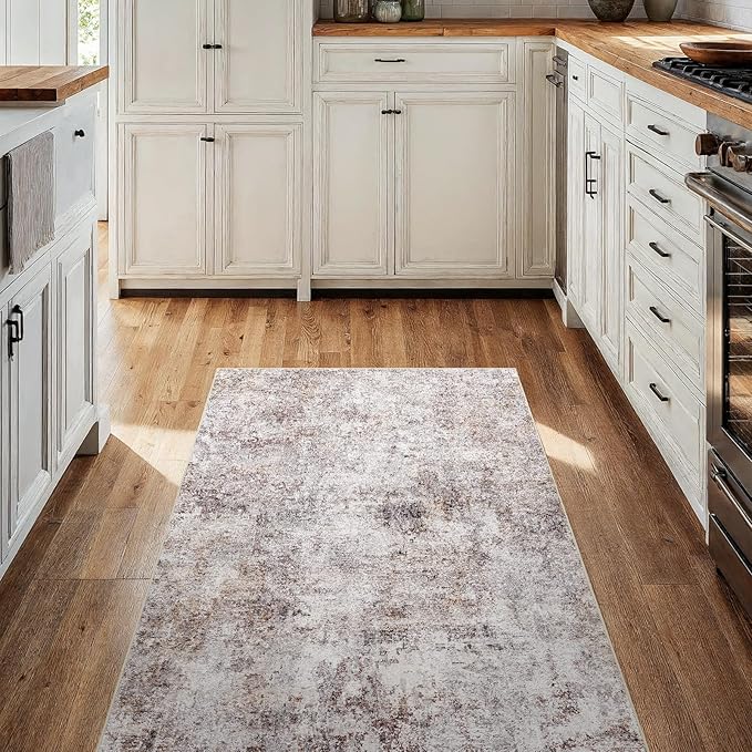 Washable 3x4 Entryway Area Rug - Small Kitchen Rugs with Non-Slip Rubber Backing Soft Low-Pile Thin Carpet Modern Abstract Neutral Door mat for Hallway Bedroom Living Room Bathroom (Brick Gray,3x4)
