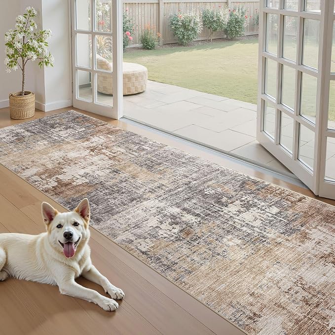 DMOYEST 3x10 Washable Runner Rug for Hallway: Soft Neutral Modern Abstract Low Pile Rug Indoor - Carpet for Bedroom Dining Room Kitchen Entryway - Grey Brown