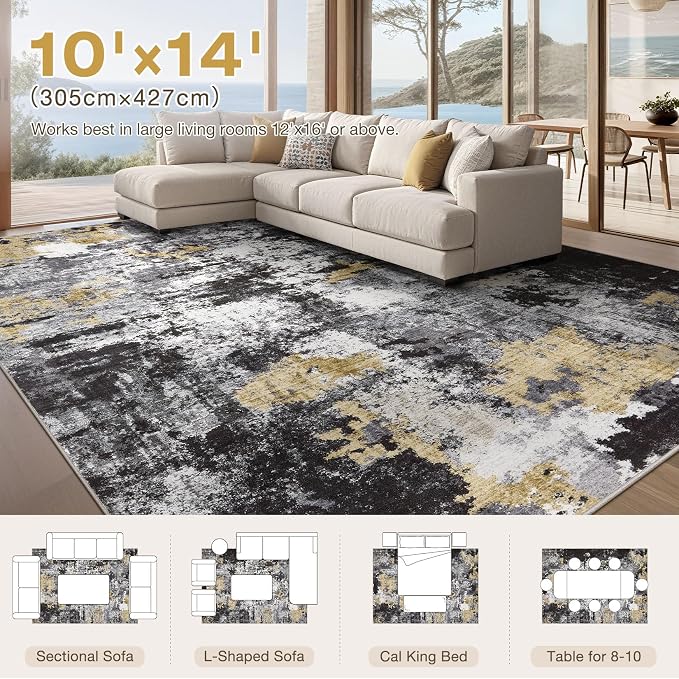 Abstract 10x14 Area Rug: Machine Washable Non Slip Ultra Thin Low-Pile Carpet, Soft Stain Resistant for Living Dining Room Bedroom, Kid Pet Friendly, Robot Vacuum Compatible - Black Gold