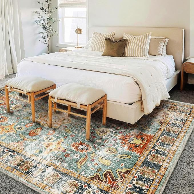 CHAMPLANT Area Rug 9'x12' Washable Vintage Traditional Mat Distressed Indoor Foldable Thin Retro Accent Floral Print Non Slip Carpet for Living Room Dining Room Office