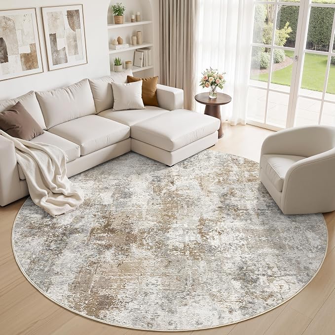 WITSHOCK Area Rugs 8ft Round Living Room Rug - Washable Neutral Soft Low Pile Non-Slip Modern Abstract Thin Large Indoor Carpet for Bedroom Dining Room Nursery Office - Light Brown Grey