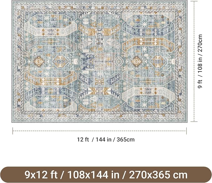 befbee 9x12 Area Rug,Ultra-Thin Washable Rugs for Living Room,Non-Slip Lightweight Foldable Area Rug,Stain Resistant Vintage Large Rugs (Blue/Gold,9'x12')