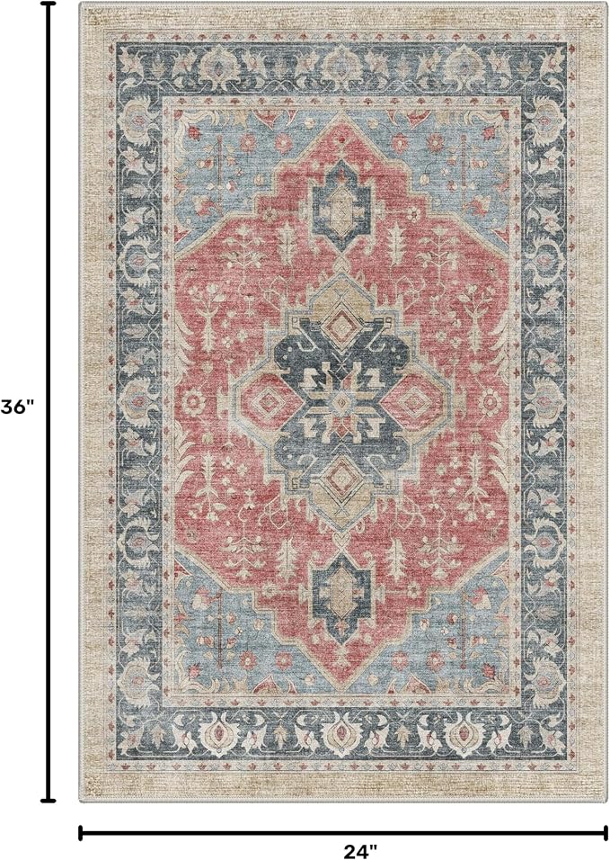 GENIMO 2x3 Rug Machine Washable Low Pile Indoor Entryway Mat for Kitchen Entrance Front Door Bathroom with Non Slip Backing Floral Medallion Dusty Red