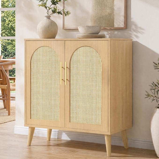 15.7"D Rattan Buffet Sideboard Cabinet with Storage, Modern Accent Cabinet with Adjustable Shelf & Solid Wood Legs, Coffee Bar Cabinet with Doors for Kitchen, Living Room, Entryway, Natural Oak