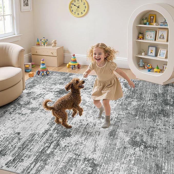 UERMEI 6x9 Area Rug for Living Room - Washable Neutral Modern Abstract Carpet, Non-Slip Soft Large Indoor Floor Rugs for Bedroom Home Office & Under Dining Table Decor, Grey Black
