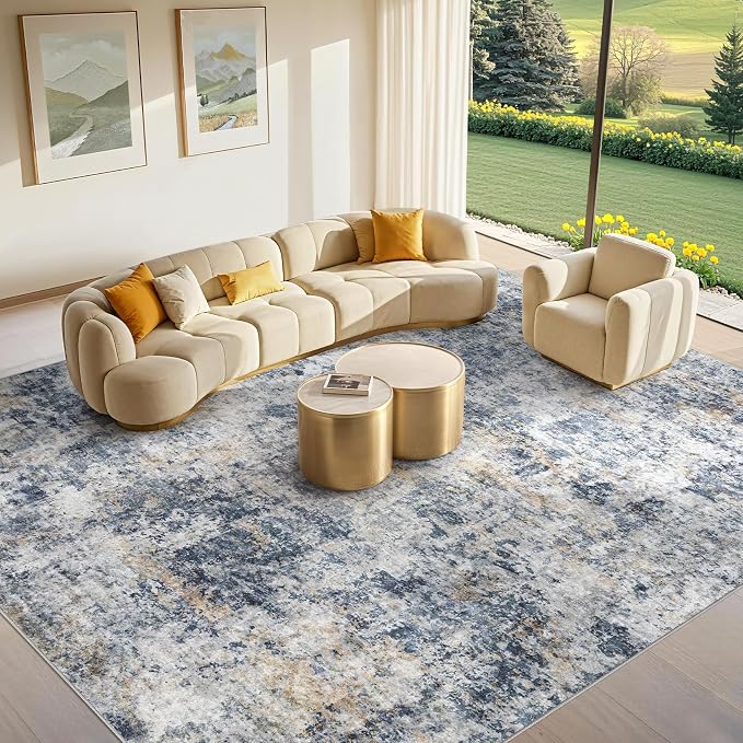 Tortania Washable 8x10 Area Rug for Living Room: Modern Abstract Neutral Large Soft Thin Rugs - Non Slip Indoor Carpet for Bedroom Dining Room Office Nursery Home Floor Decoration - Blue Grey