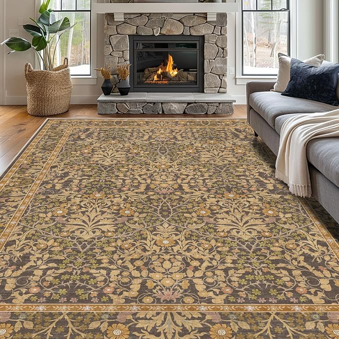 Extra Large 10x14 Area Rug for Living Room, Washable Rugs for Dining Room, Bedroom, Non Slip Stain Resistant Carpet, Low Pile Vintage Floral Rug (Goldenrod)