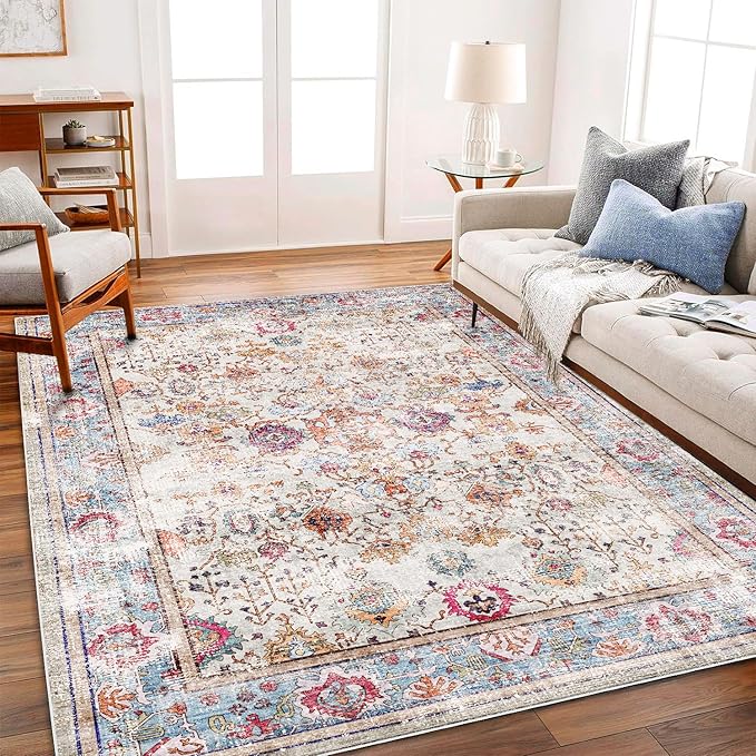 CHAMPLANT Washable 10'x14' Area Rug Vintage Traditional Distressed Indoor Foldable Thin Retro Accent Floral Non Slip Carpet Living Room Dining Room Office