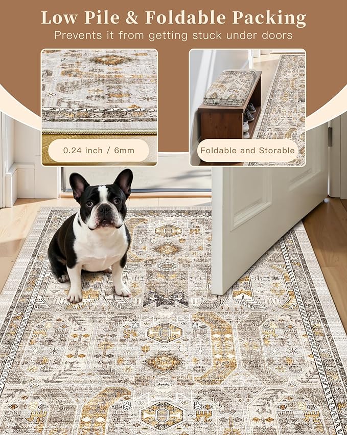 Madane Washable Runner Rugs 2x12 Long for Hallway Kitchen Soft, Brown/Gold | Non-Slip Vintage Printed 12ft Rug Runners with Rubber Backing, Thin Low-Pile Floor Carpet Laundry Room Entryway, Corridor