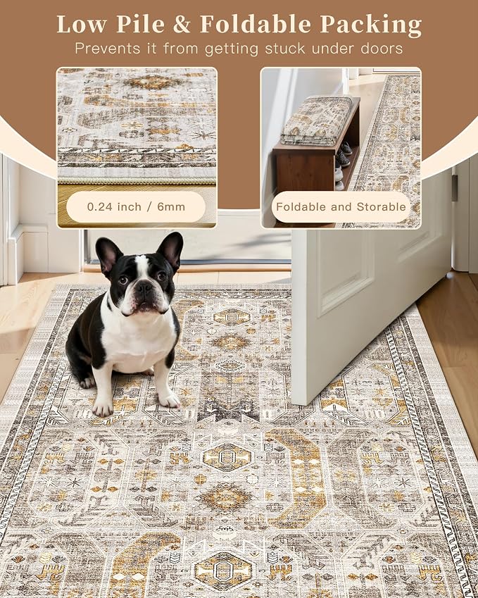 Madane Kitchen Runner Rug 2x7 with Rubber Backing Non Slip, Brown/Gold | Vintage Ultra-Thin Machine Washable Hallway Rugs 7 ft, Soft Low-Pile Throw Carpet Runners for Bedroom Bathroom Laundry Room