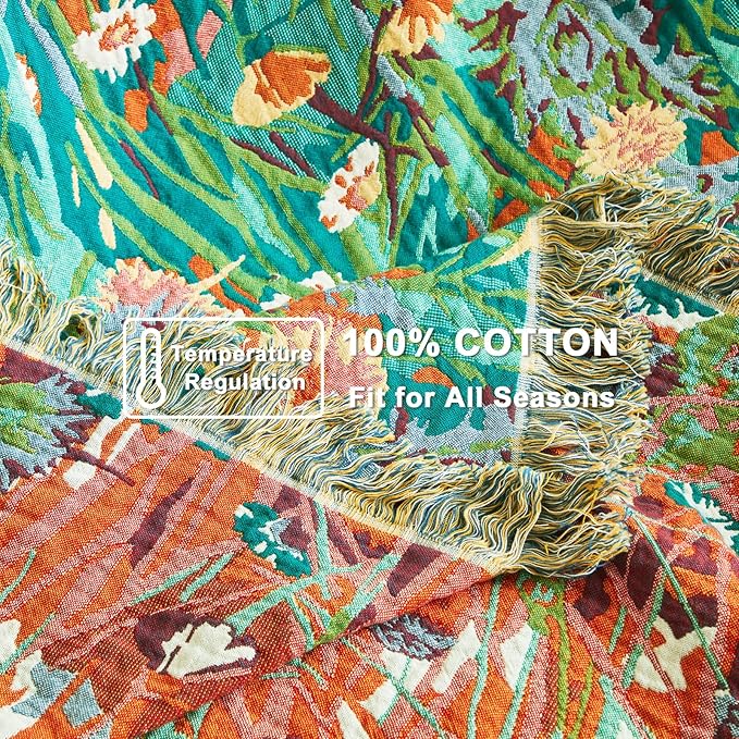 LUTBM Boho Throw Blanket for Couch Sofa Chair Cotton Spring Breathable Blankets for Bedroom Living Room All Season Soft Lightweight Reversible Floral Embroidery Throws 50"x60" Home Decor