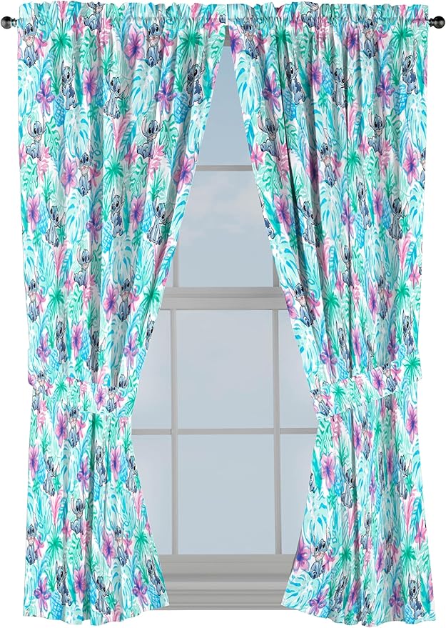 Jay Franco Window Curtains for Kids Bedroom 4-Piece Drape Set with 2 Tiebacks, Blue - Lilo & Stitch, 42" W x 63" L (Pack of 2)