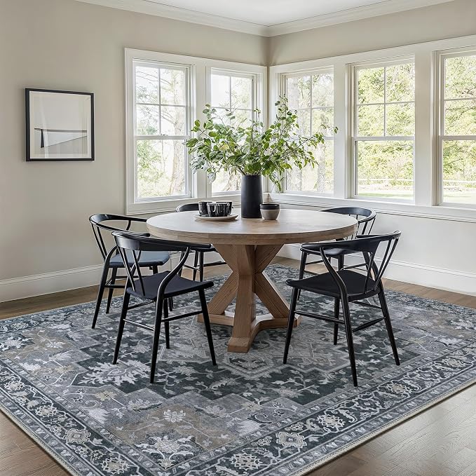 GENIMO 8x10 Area Rugs for Living Room, Machine Washable Non Slip Vintage Rugs, Low Pile Lightweight Print Rug for Bedroom, Dining Room, Home Office,Dark Gray