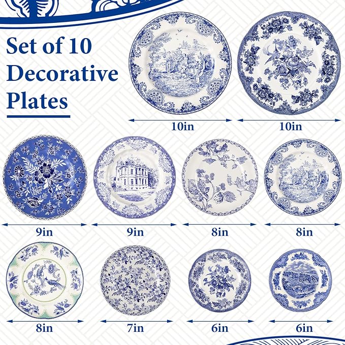 10 Pcs Coastal Vintage Ceramic Wall Plates Set, Blue and White Decoration Hanging Plates with Botanical Patterns, Holland Vintage Gifts for Wall, Home Office Art Ornament(Retro)