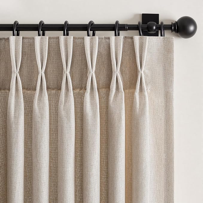 Natural Linen Pinch Pleated Curtains 96 Inches Long 2 Panels for Living Room Bedroom Memory Training Shaped Semi Sheer Beige Oatmeal Pleat Drapes with Hooks Rings Light Filtering Window Curtain