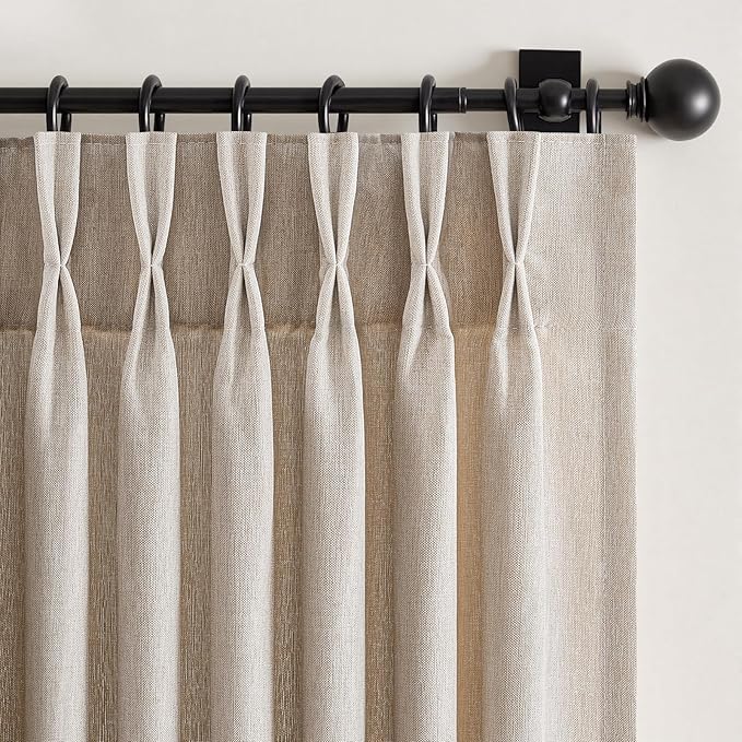 102 Inch Long Curtains Pinch Pleat Linen Curtains for Living Room 2 Panels Set,Beige Light Filtering Farmhouse Boho 102 Inch Pleated Semi Sheer Curtain with Hooks Floor Ceiling Bedroom Window