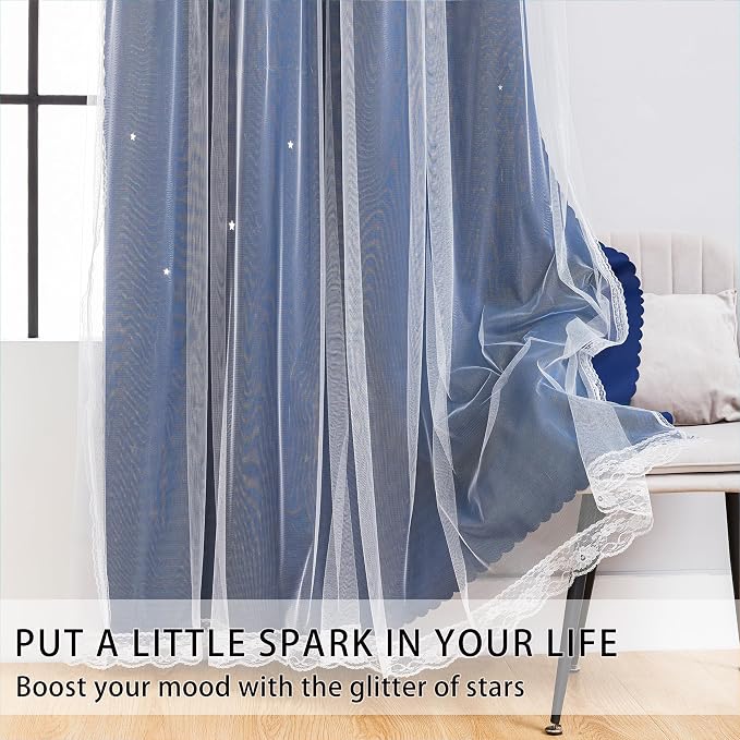 XiDi Black Out Curtains for Bedroom, Double Layer, Unicorn Pattern, Navy Blue