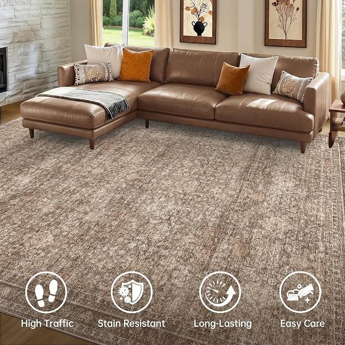 Sasttie 9x12 Area Rug, Ultra-Soft Washable Rug, Low Pile Foldable Thin Carpets with Non-Slip Backing, Skin-Friendly Stain Resistant Carpet for Living Room, Bedroom, Kitchen, Dorm, 9x12, Dark Brown