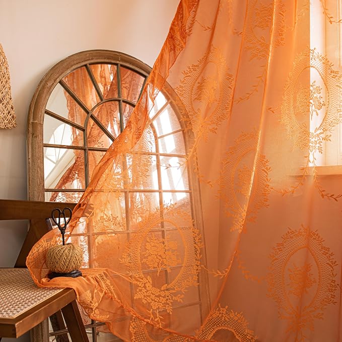 Sutuo Home Burnt Orange Lace Curtains 84 Inches Long for Bedroom Living Room 2 Panels Set, Boho Sheer Floral Embroidery Ruffled Vintage Window Treatment Fall Halloween Decor, Rod Pocket, W57 x L84