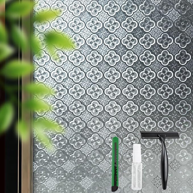 STATINT Frosted Glassy Petals 3D Begonia Window Privacy Film Decorative Non Adhesive Static Electricity Sun Blocking Flowering for Bathroom and Home，17.5 Inch X 6.5 Feet
